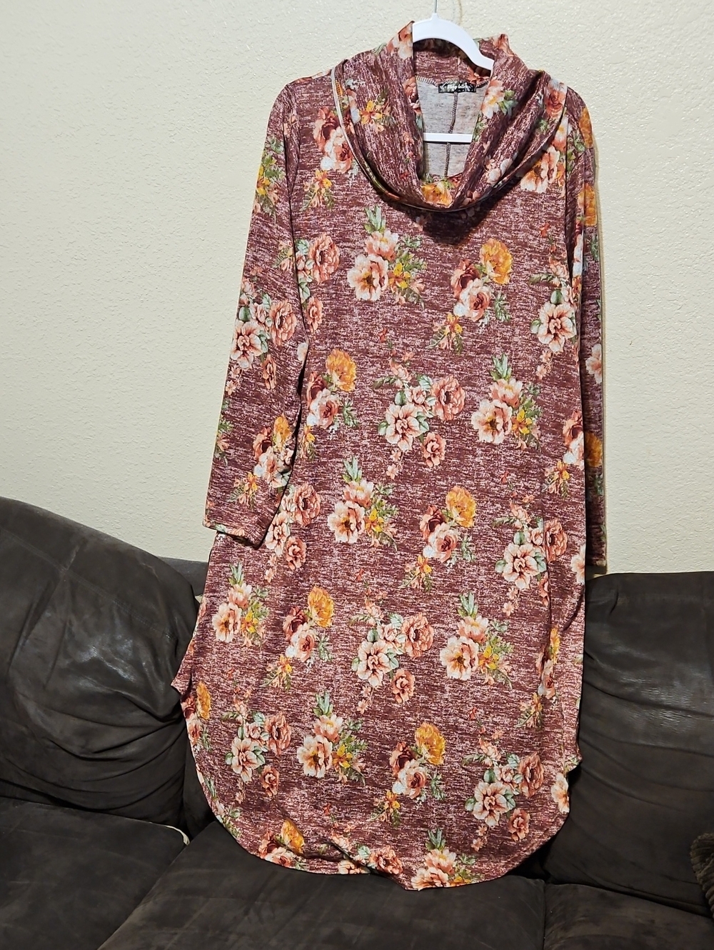 Cowl Neck Long-Sleeve Floral Dress in Mauve